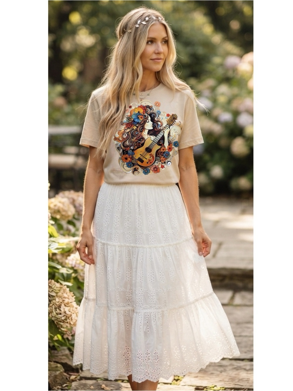 Boho Floral Guitar Girl Vintage Aesthetic Graphic Tee Shirt Beige Women’s Small